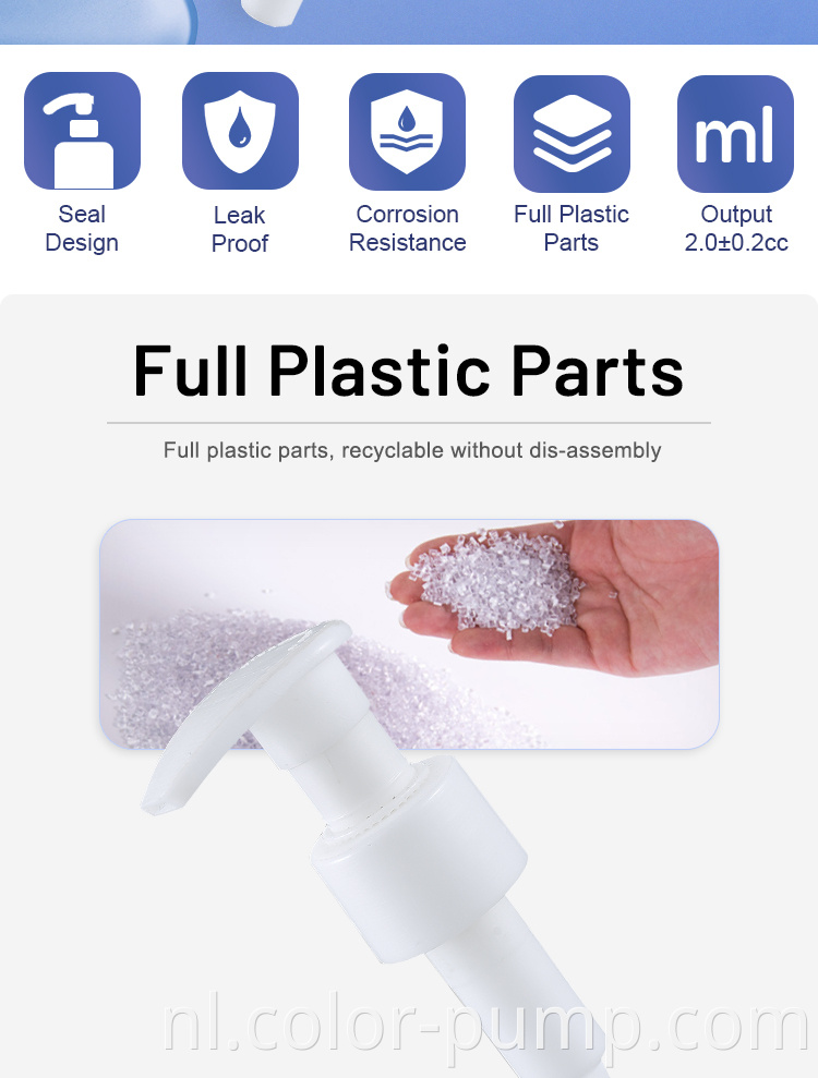 Personaliseer Eco-vriendelijke vloeibare zeepdispenser Plastic flespomp Alle PP Plastic lotion pomp voor wassen